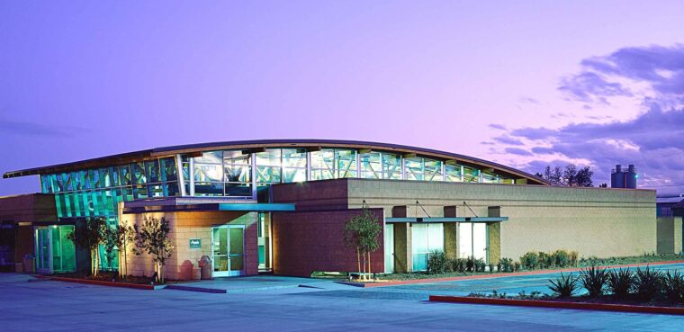 angelus block headquarters at sunset