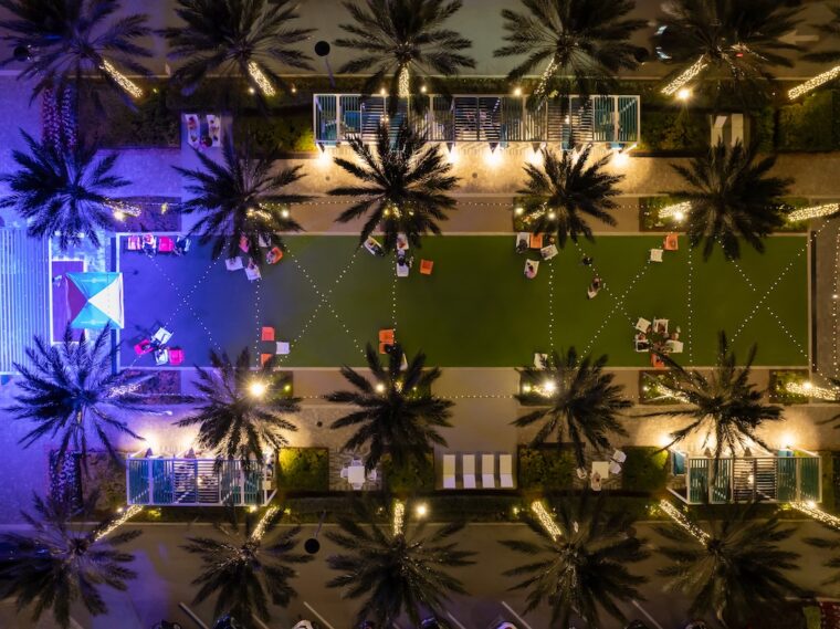 An aerial view of Dania Pointe's lounge area
