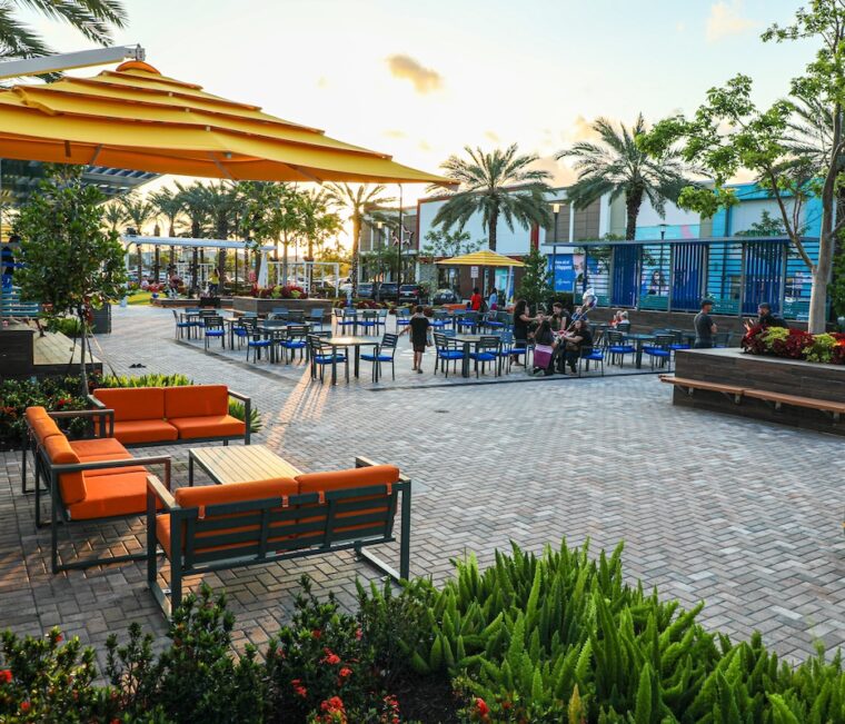 A patio at Dania Pointe retail center