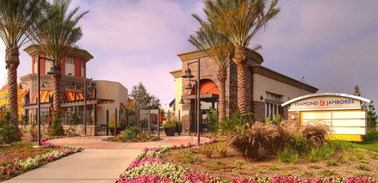 entrance with palm trees and flowers at diamond jamboree shopping center