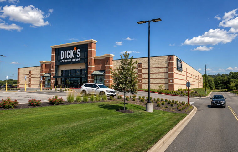 An exterior view of Dick's Sporting Good's from the parking lot