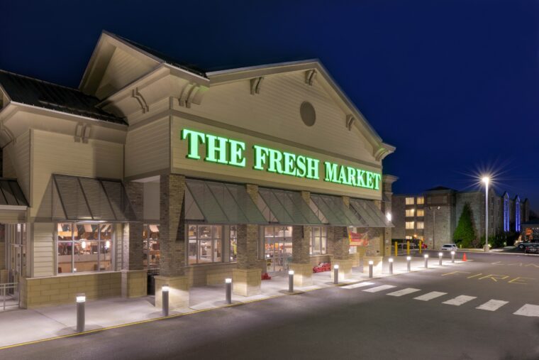 Exterior night view of the Fresh Market