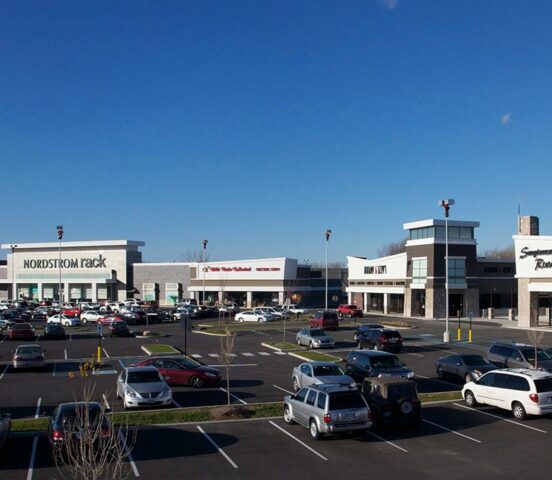 parking lot and storefronts at river's edge in Indianapolis