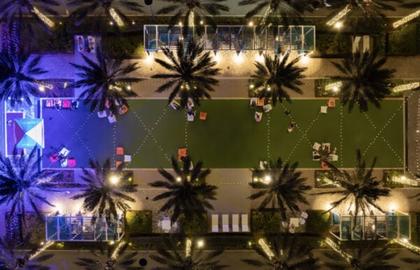 An overhead view of a mixed-use development