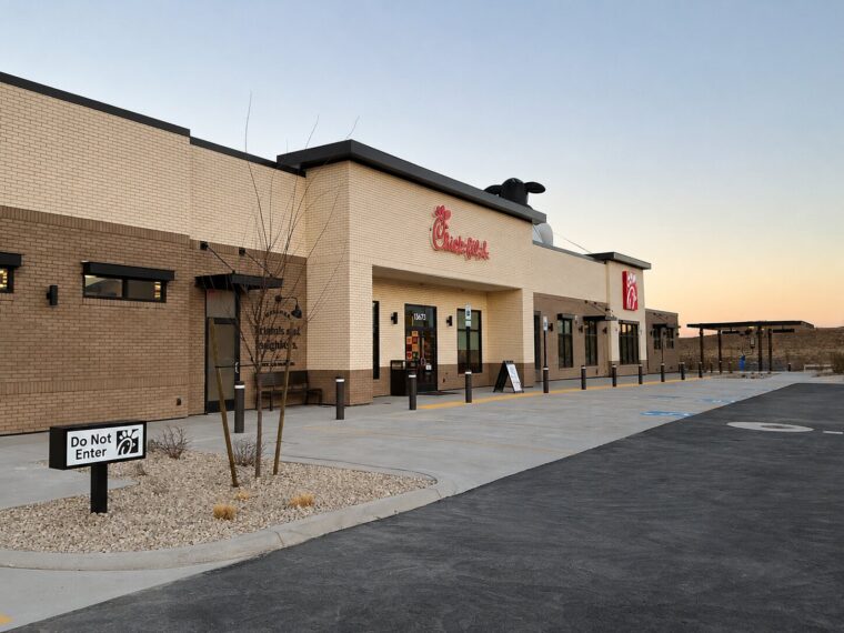 The exterior of Chick-fil-A at night