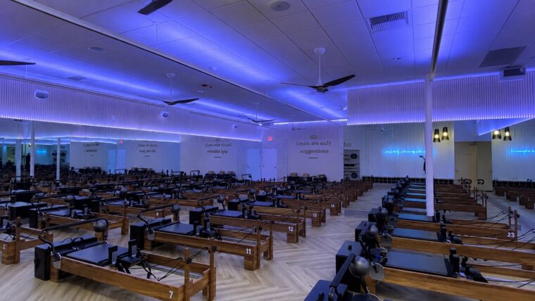 A group fitness class room at Fitness International