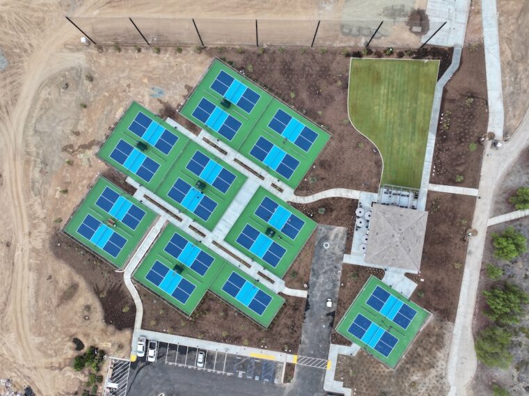 an aerial view of a pickle ball court in California