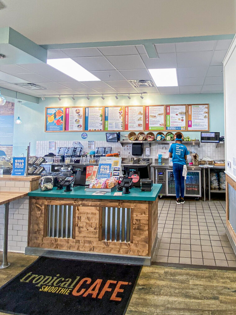 The kitchen and front counter of Tropical Smoothie Cafe