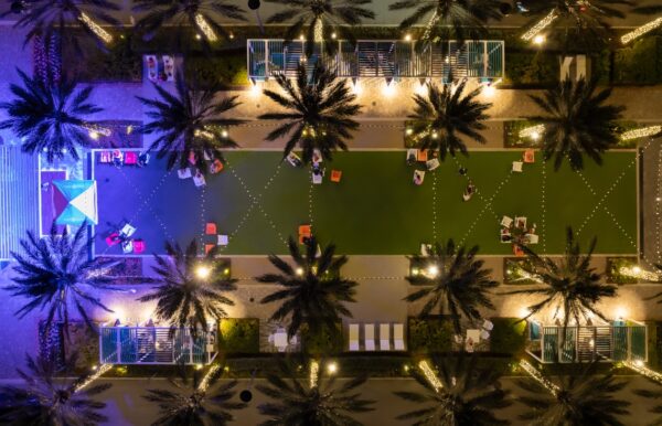 An overhead view of a mixed-use development